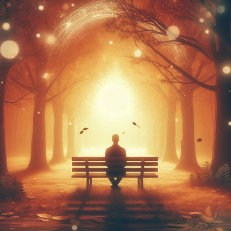 A solitary figure sits quietly on a  park  bench, surrounded bya serene glowing forest scene, symbolising reflection and awareness during June awareness week senveloped in the serene glow 