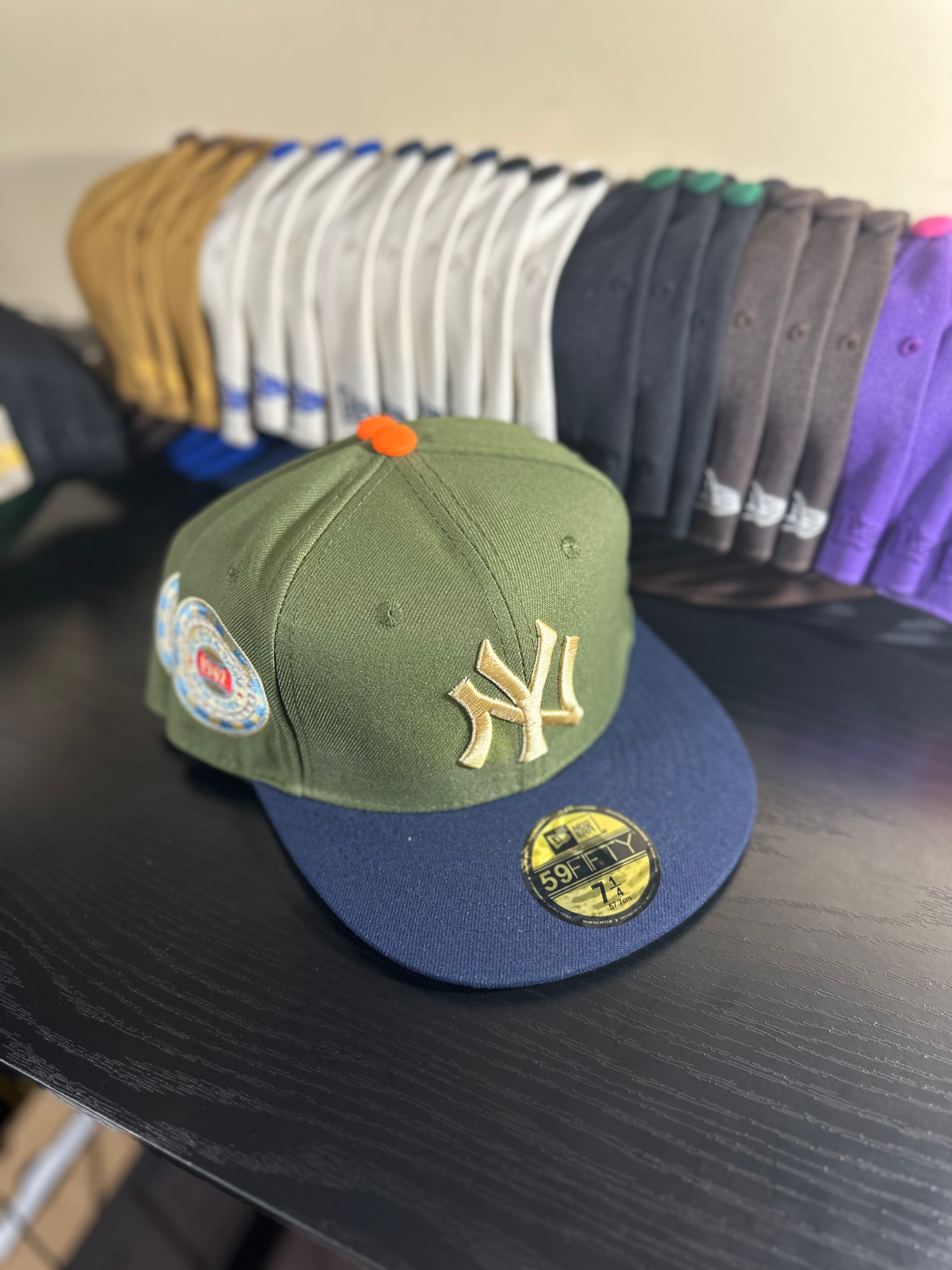 N.Y. Yankees (Fitted)(W) - Green w Tan Silky Letters w - Blue Brim 1942 All Star