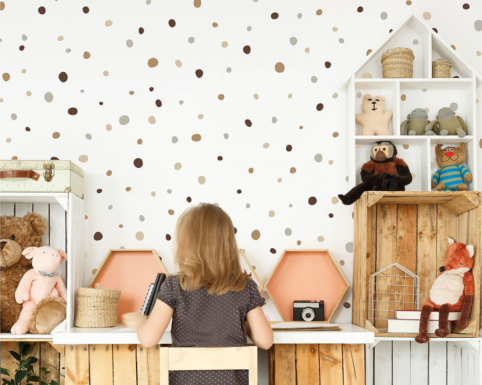Thumbnail: Child in room with brown Watercolour Polka Dot Wall Decals