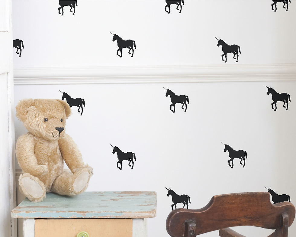 Thumbnail: Black unicorn wall decals with teddy bear and crib