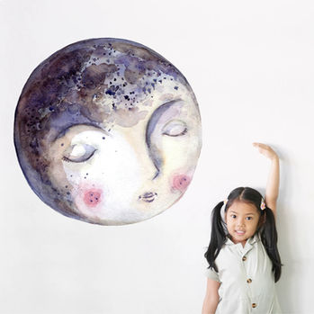 Kids wall decal: watercolor sleeping moon face with girl
