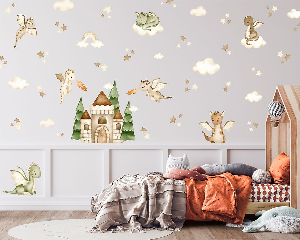 Thumbnail: Watercolor dragons and castle wall decals in a child's bedroom