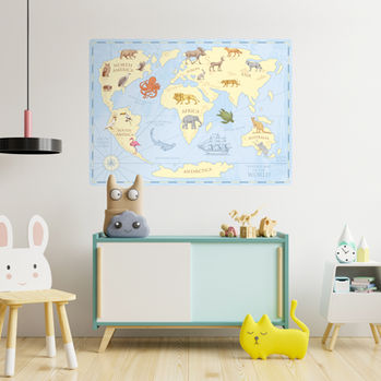 Kids world map wall decal with animals on a child's wall