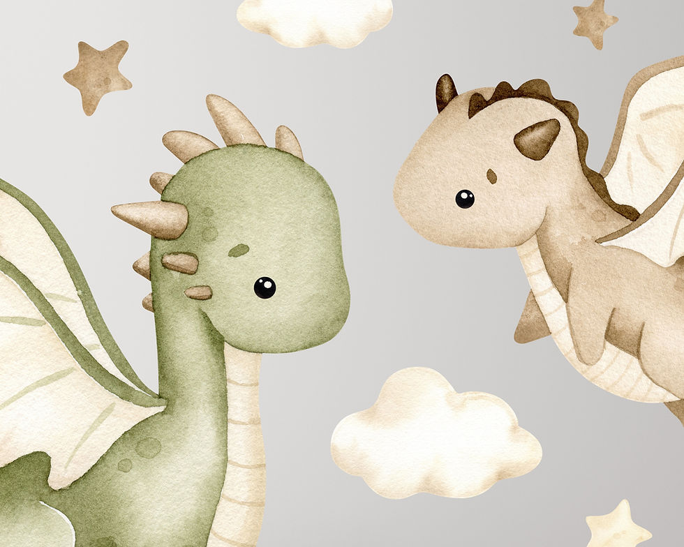 Thumbnail: Two watercolor dragons, green and brown, with clouds and stars