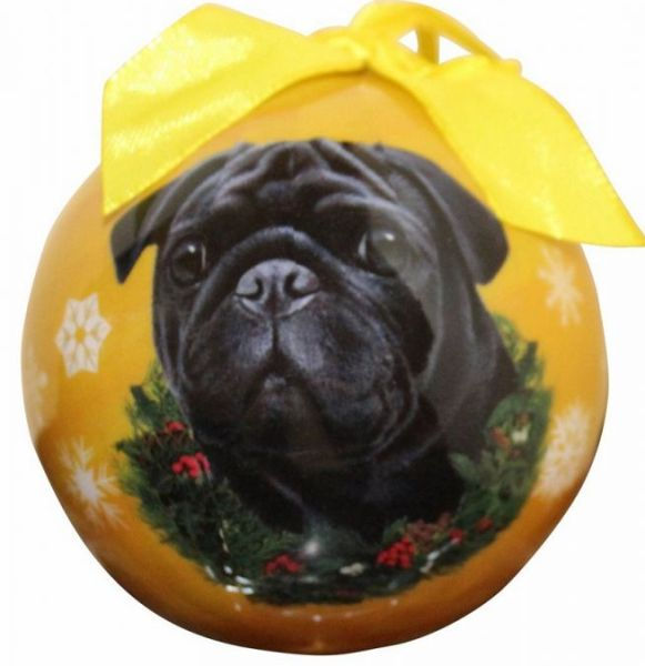 Thumbnail: Round ornament with black pug and green wreath, yellow ribbon