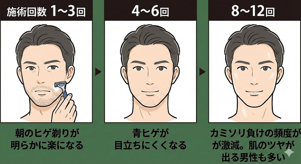 メンズ脱毛の施術回数ごとの変化イメージ図。1〜3回でヒゲ剃りが楽になり、4〜6回で青ヒゲが目立ちにくくなり、8〜12回でカミソリ負けが減り肌のツヤが出る男性の例