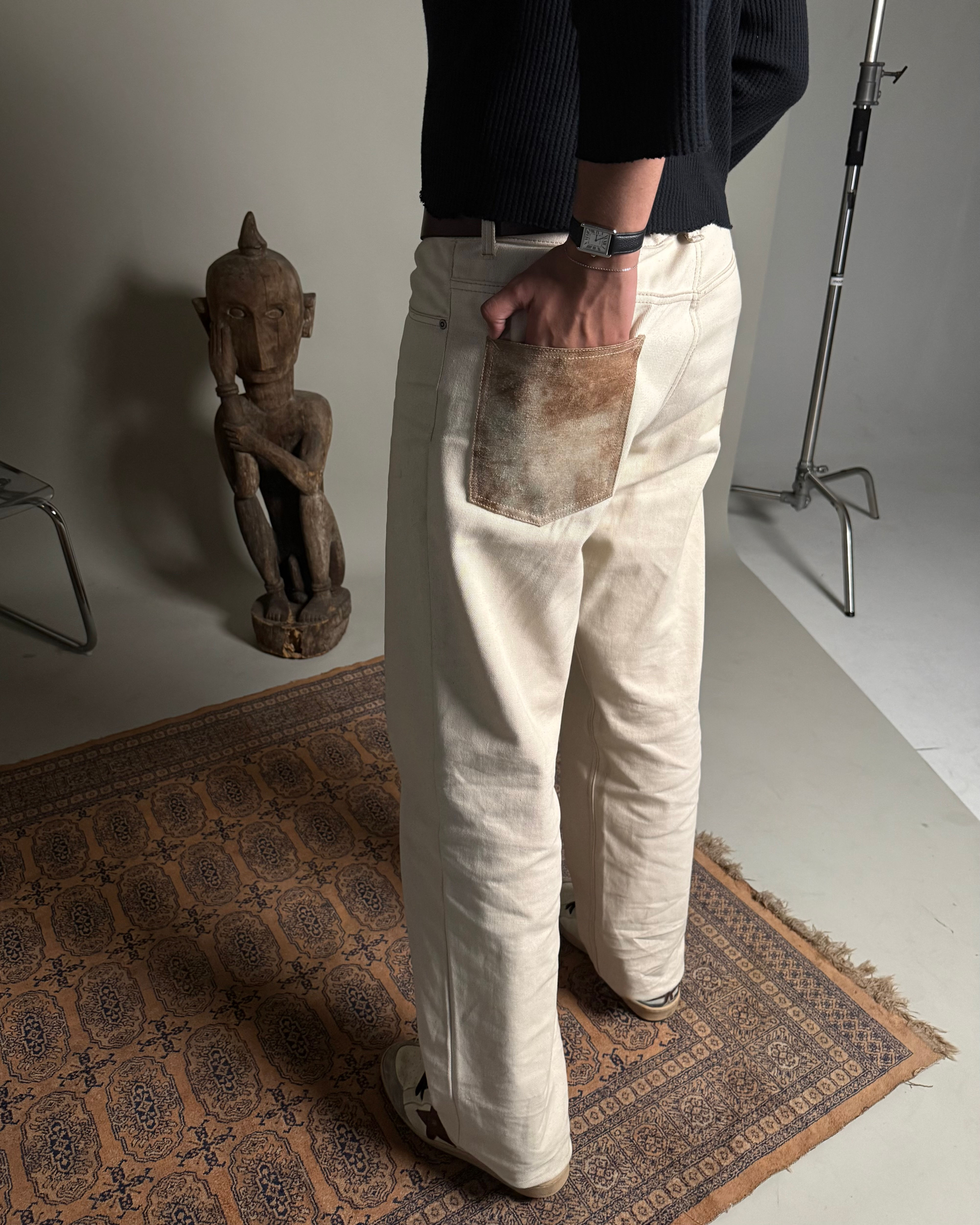 LEATHER POCKET CREAM DENIM