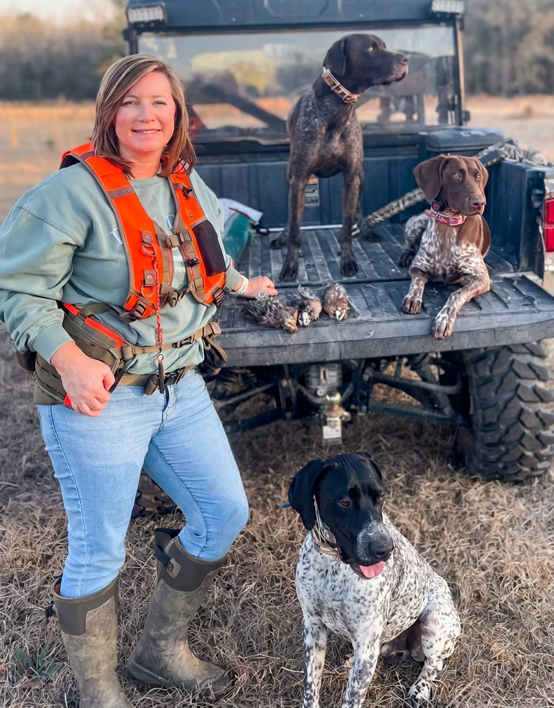 Outdoor photography of a woman with three German Shorthaired Pointer hunting dogs and harvested game birds beside an ATV. The scene captures a moment of successful fieldwork in a rural landscape.