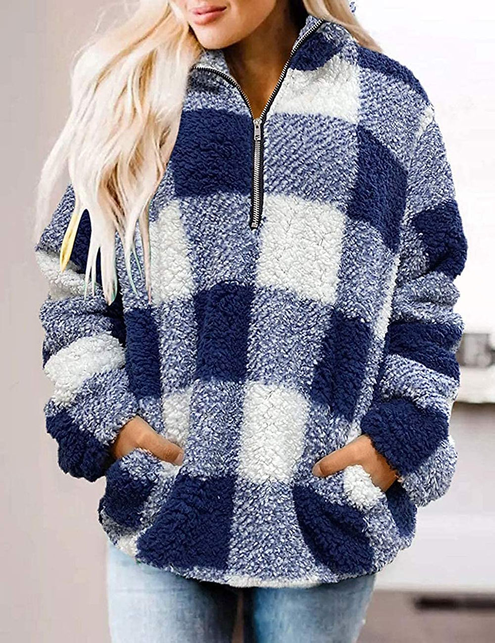 Thumbnail: MEROKEETY Women's Plaid Sherpa Fleece Zip Sweatshirt Long Sleeve Pullover Jacket