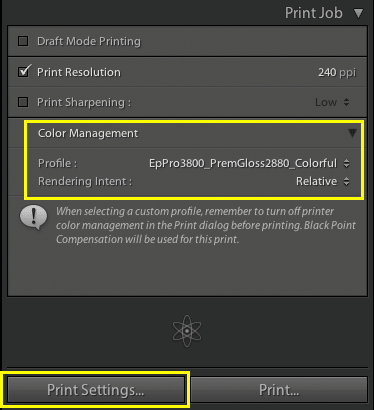 Lightroom Print Settings