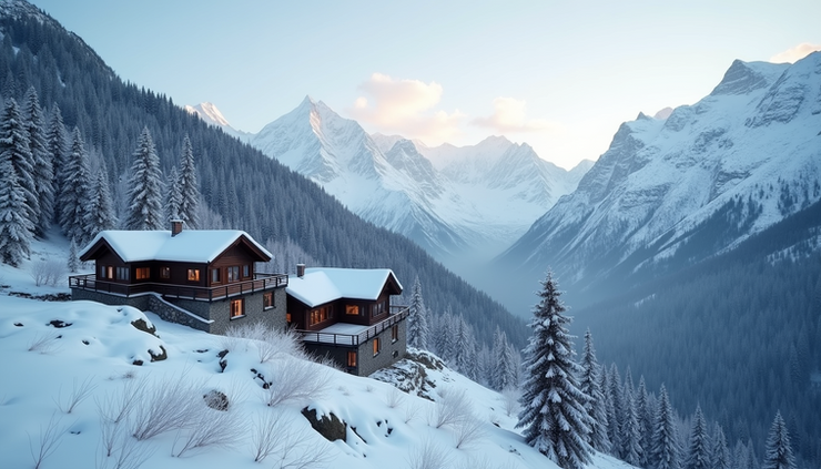 Wide angle view of a mountain lodge with snow-covered peaks in the background