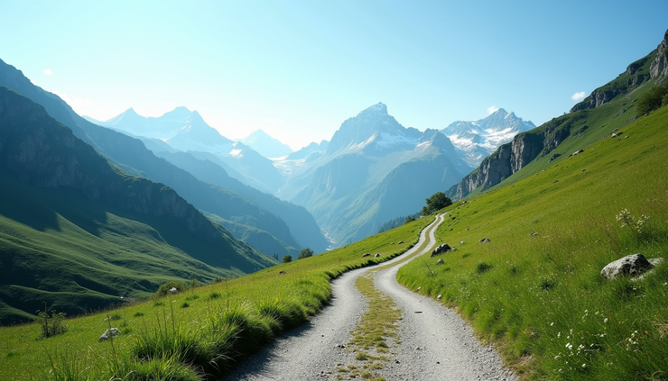 Eye-level view of a narrow mountain trail winding through lush green hills in Nepal