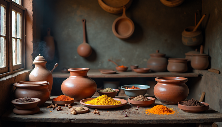 Eye-level view of a traditional Nepali kitchen with clay pots and spices