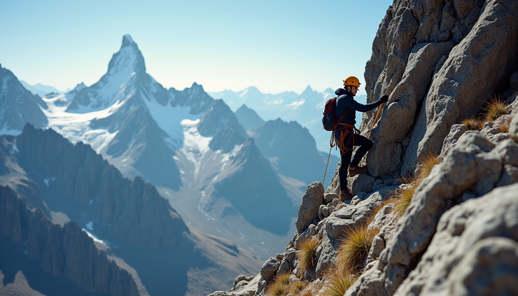 High angle view of climber practicing rope techniques on rocky terrain near Island Peak