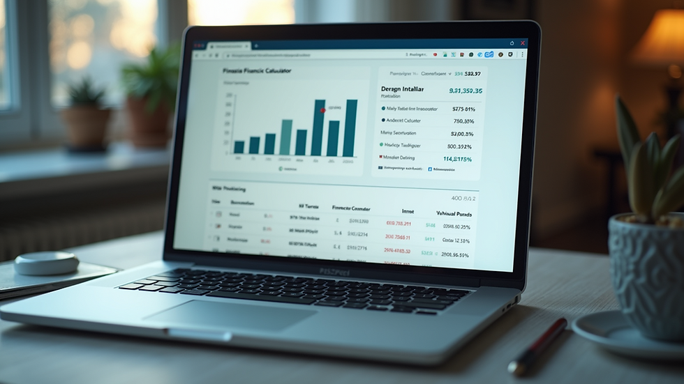 Eye-level view of a laptop displaying a financial calculator webpage
