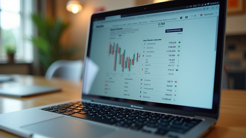 Eye-level view of a laptop screen displaying a financial calculator webpage