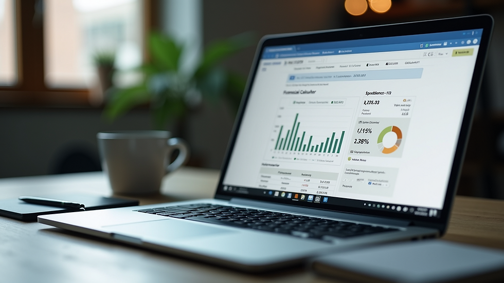 Eye-level view of a laptop displaying a financial calculator webpage