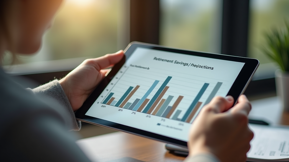Close-up view of a person using a tablet to check retirement savings projections