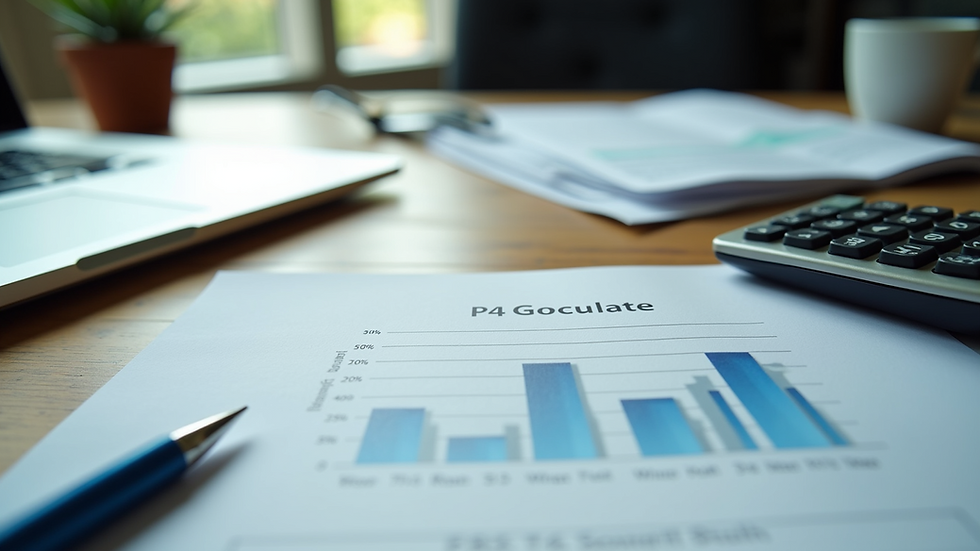 High angle view of a desk with financial documents and a calculator