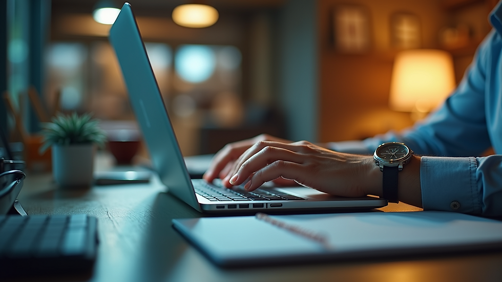 Eye-level view of a focused virtual assistant working on a laptop