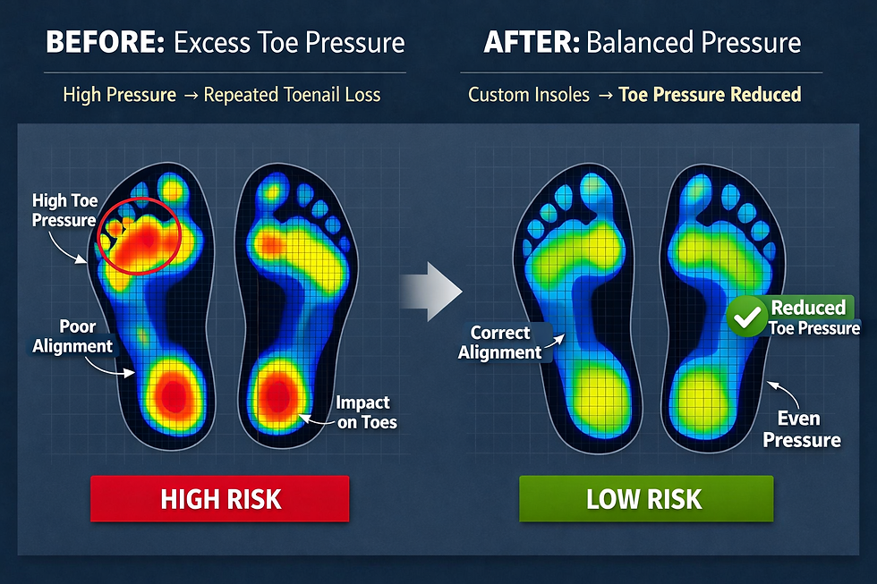 Heat map of foot pressure; left shows excess pressure in red, labeled "High Risk" and "High Toe Pressure." Right shows balanced pressure, labeled "Low Risk."