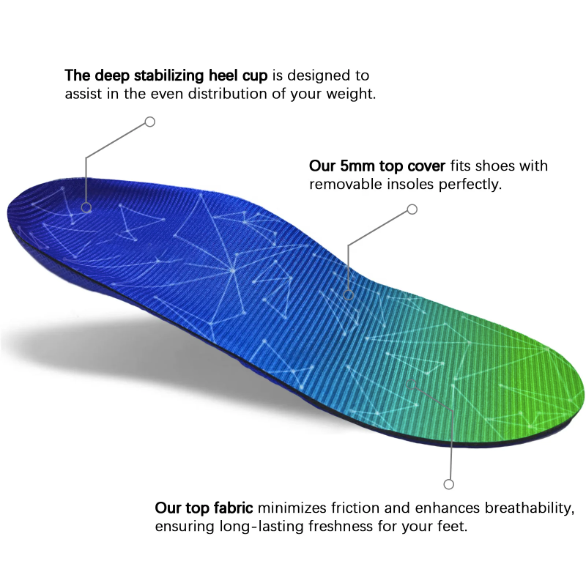 Blue and green insole with text: deep stabilizing heel cup Arch Support Insoles Footworxco.