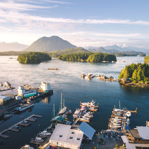 Port w Tofino i widok na otaczające góry i lasy