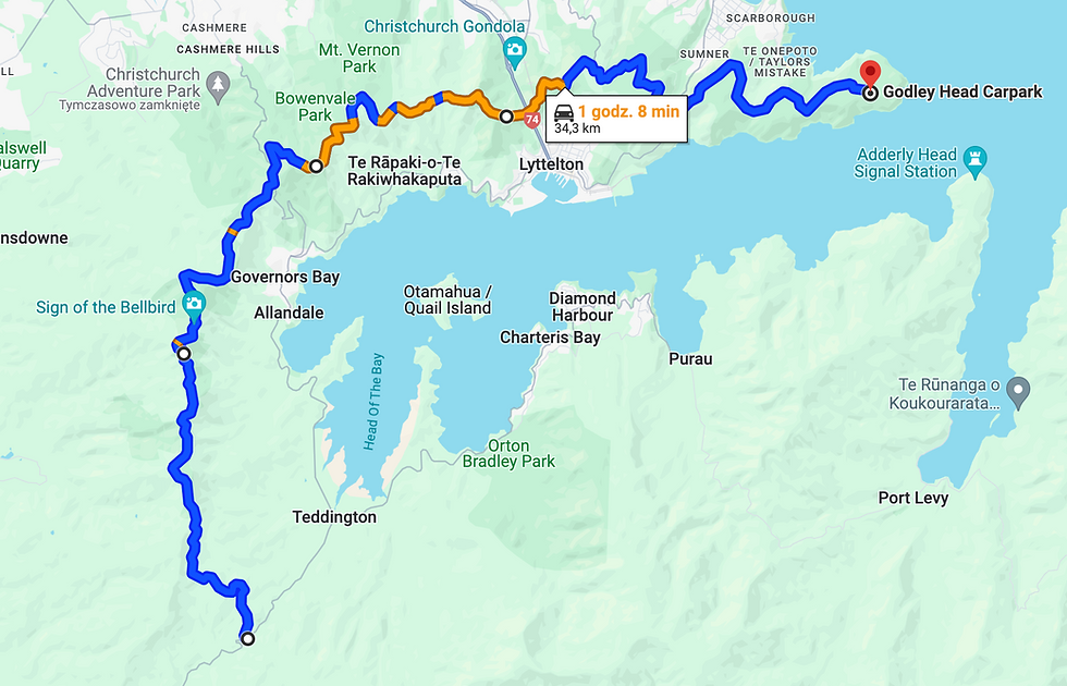 Mapa samochodowej trasy widokowej po wzgórzach port hills w Christchurch w Nowej Zelandii