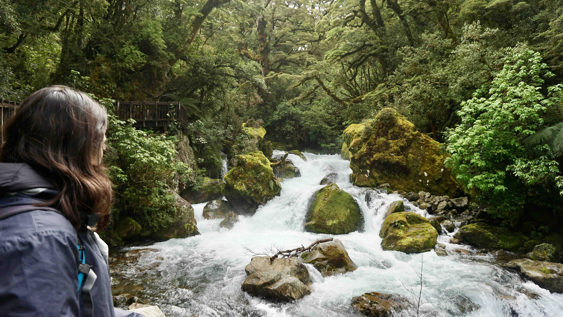 Turysta przyglądający się wodospadom Lake Marian Falls w Alpach Południowych Nowej Zelandii w Parku Narodowym Fiordland National Park