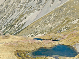 Stawy mijane na szlaku do Lake Dumb-bell w Alpach południowych w Canterbury na południowej wyspie Nowej Zelandii nieopodal Lake Ohau i miejscowości Twizel