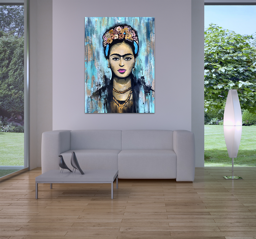 תמונה ממוזערת: Frida Kahlo pop art painting, artwork of a portrait in a large space