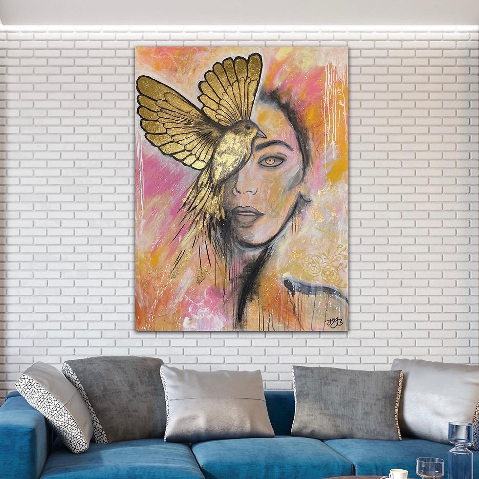 תמונה ממוזערת: Fly Now artwork displayed above modern sofa