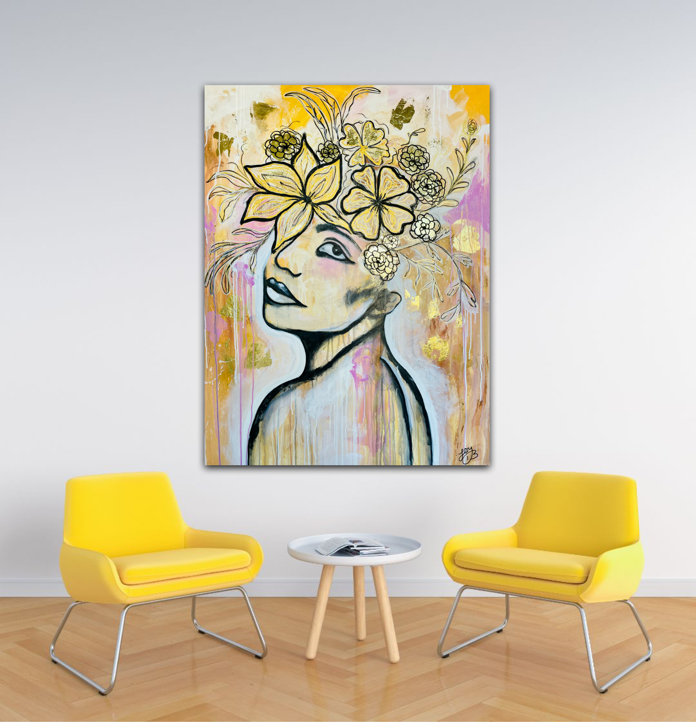 Grow Now portrait painting in a modern living room