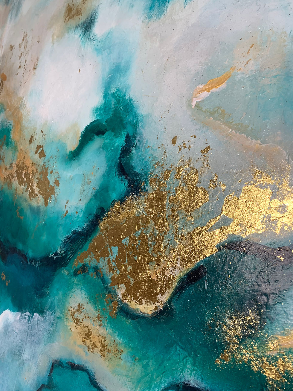תמונה ממוזערת: Abstract painting emerald green and gold closeup