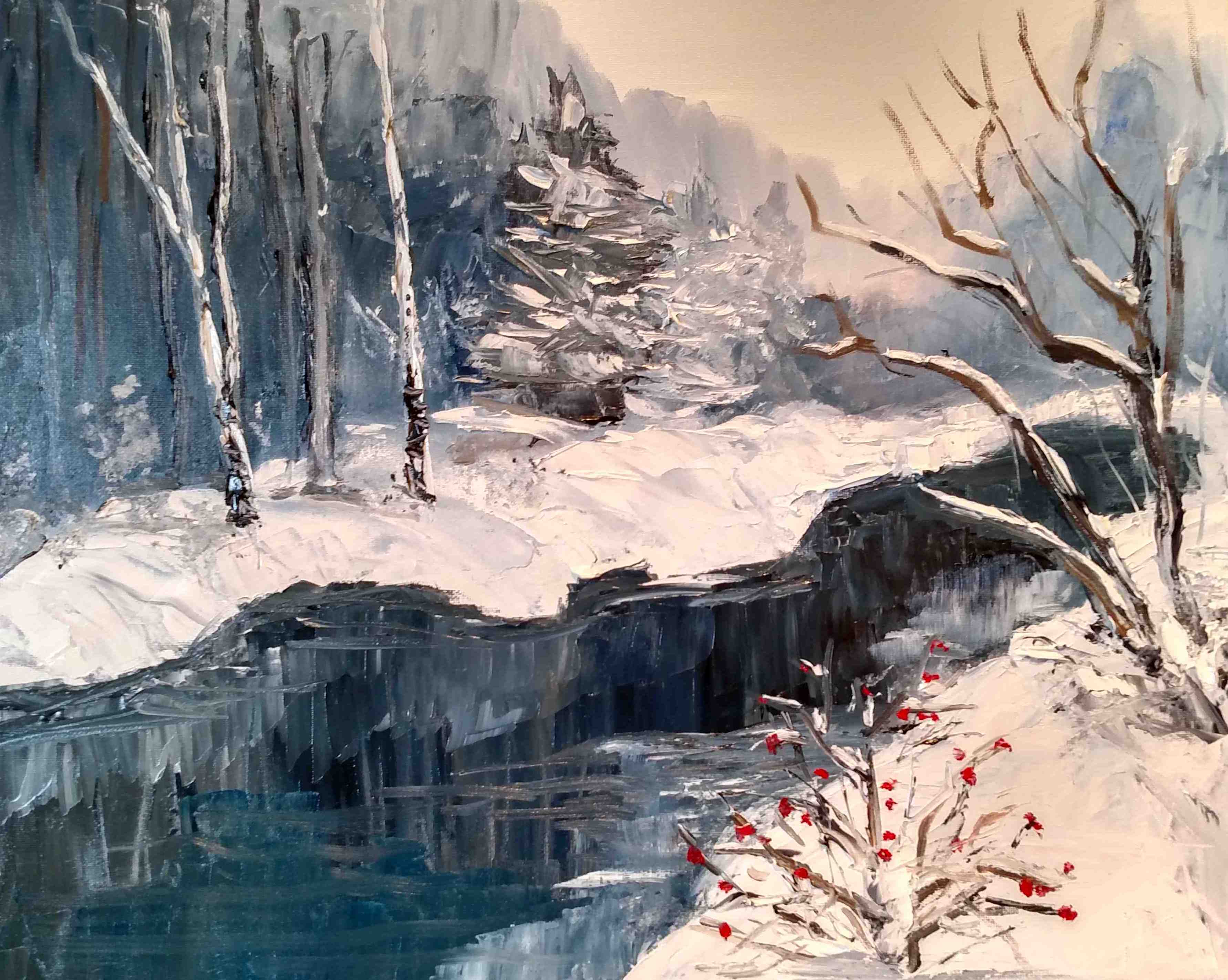 Red berries in the snow 16 x 20 Oil on s