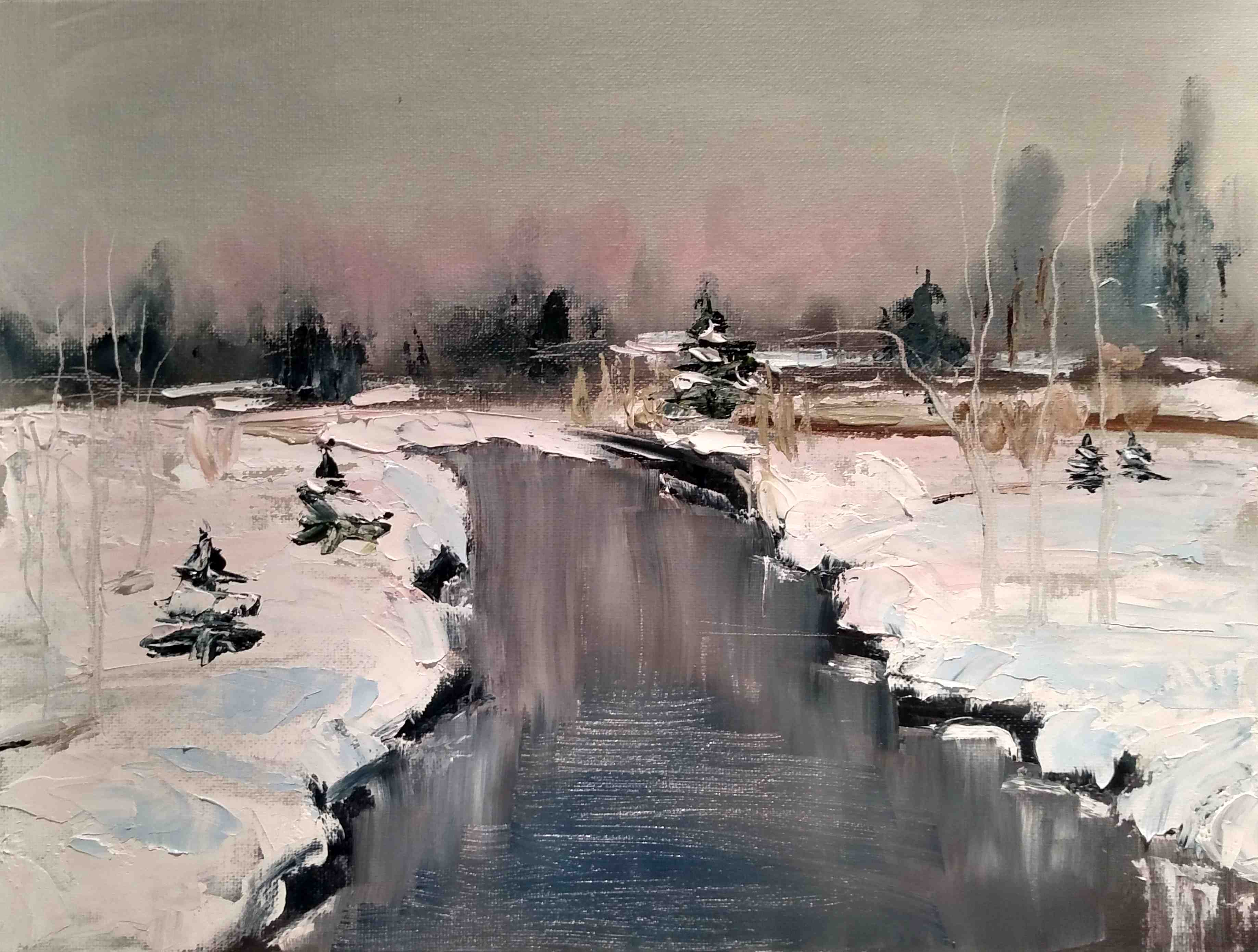 Pink winter sky 12 x 16 Oil on canvas pa