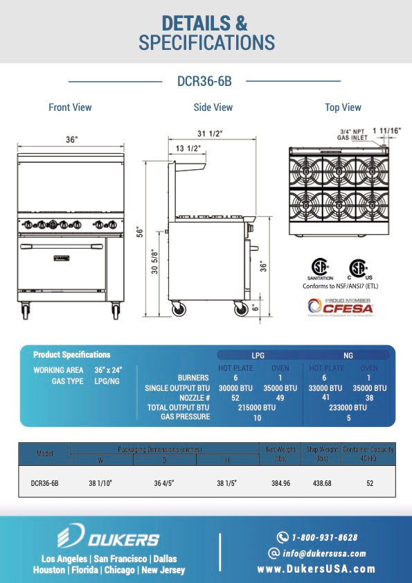Thumbnail: DCR36-6B 36″ Gas Range with Six (6) Open Burners