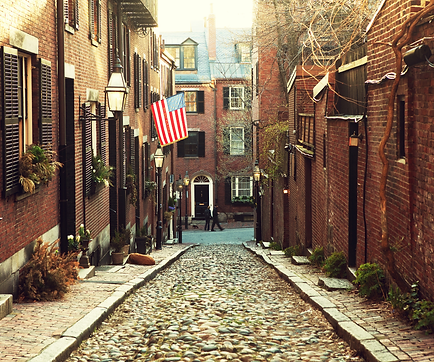 Ground-level view of numerous residential homes within Beacon Hill in Boston, Massachusetts.
