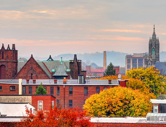 Historic residential and church buildings in downtown Reading, PA.