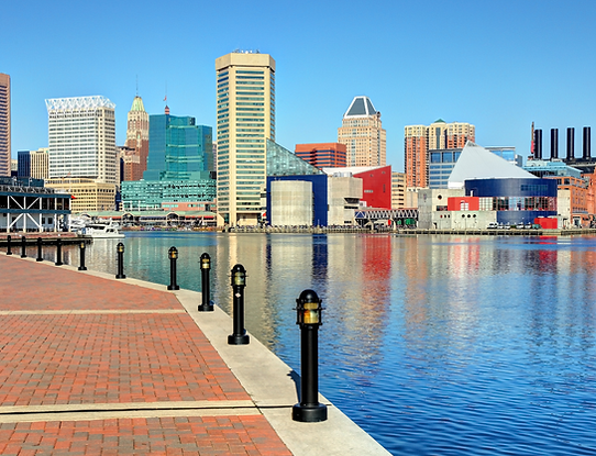 View of the downtown skyline of Baltimore, Maryland from the city's Inner Harbor.