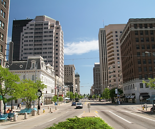 Ground-level view of downtown Dayton, Ohio from Main Street.