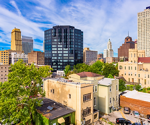 Downtown skyline showing low-rise and high-rise buildings in Memphis, Tennessee.