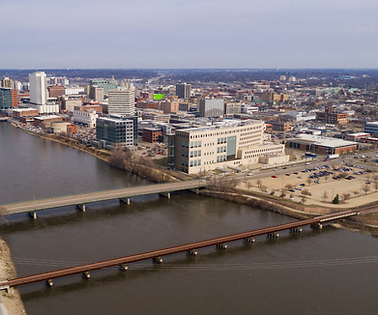 Aerial view of the Cedar River and downtown area of Cedar Rapids, IA.