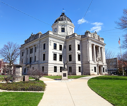 Walkway leading to the Monroe County Courthouse in Bloomington, Indiana.