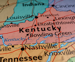 State map of Kentucky, with Bowling Green shown clearly in the center.