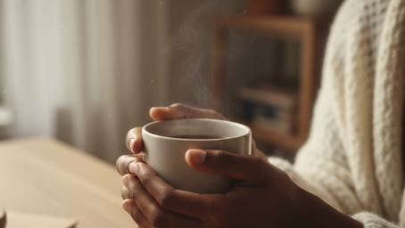 Woman sitting by a window in soft morning light, reflecting quietly while holding a warm cup of tea, symbolizing gentle strength and endurance.