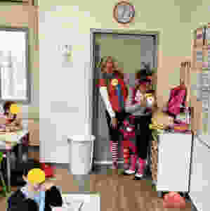 Educational clowns Leepa and Oshi in a school in Israel, Dec. 2018.