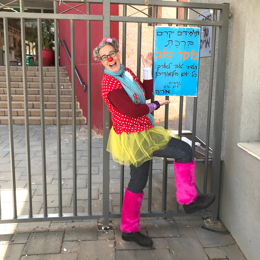Oshi the clown at the Peres elementary school in Israel.