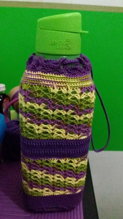 Crocheted Purple-and-Green Sleeve for Water Bottle