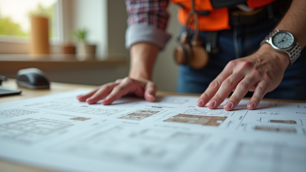 Close-up view of a contractor reviewing home renovation plans